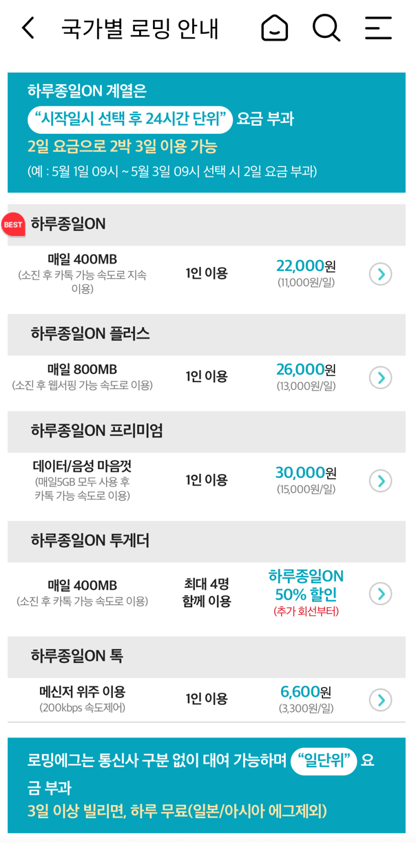 KT 해외로밍요금제