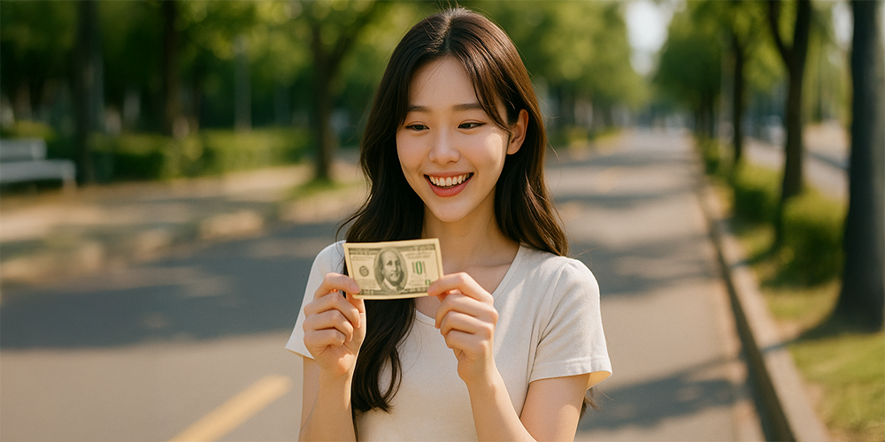 꿈속에서 돈을주워 좋아하는 여성