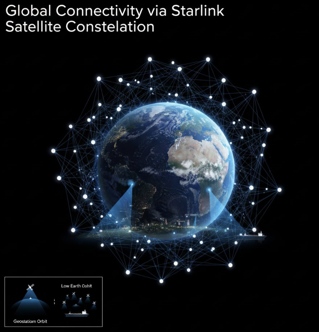 지구 저궤도에 배치된 수만 개의 위성이 레이저 링크를 통해 군집 네트워크를 형성하고 전 지구에 초고속 인터넷을 공급하는 스타링크 우주 인터넷 시스템 인포그래픽 이미지.