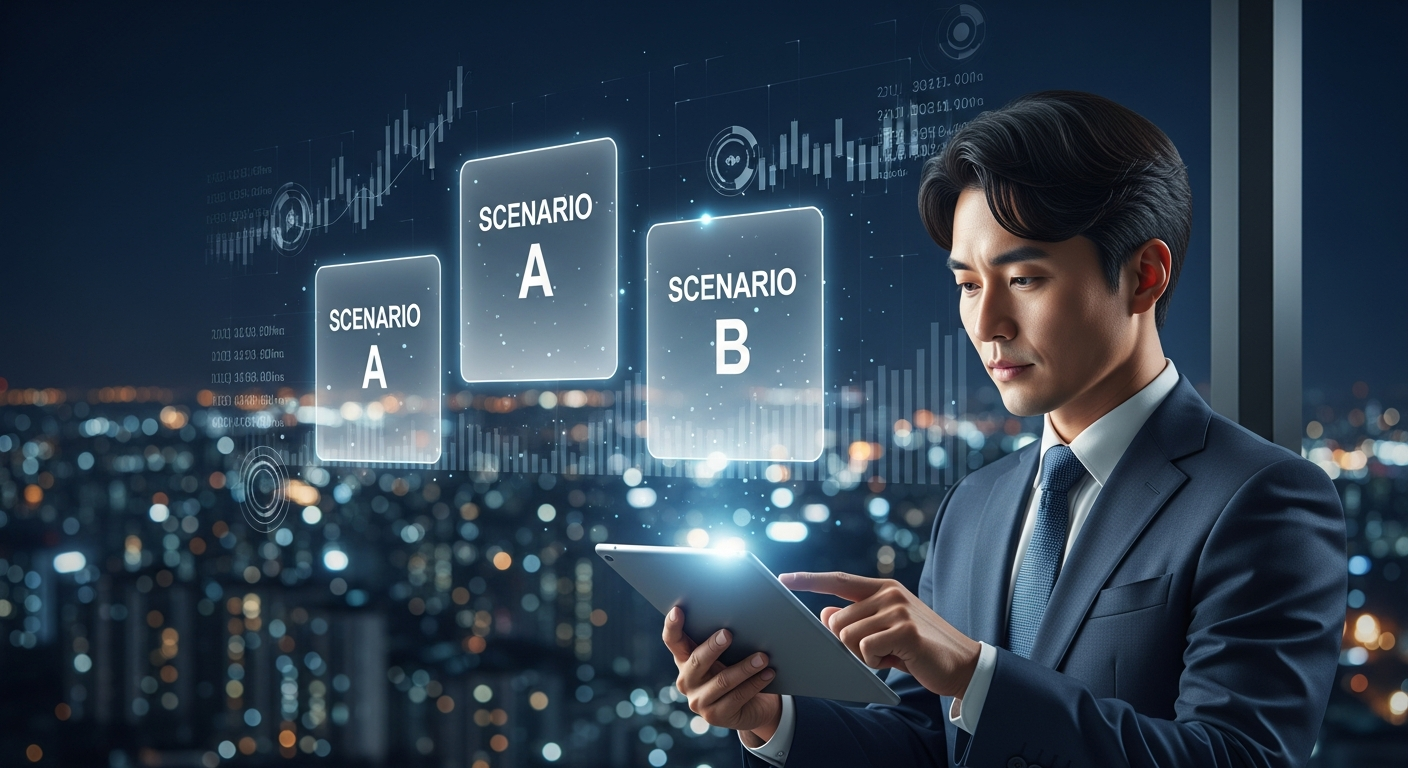 공중에 떠 있는 세 개의 홀로그램 카드, 각각 '시나리오 A', '시나리오 B', '시나리오 C' 라벨이 붙어 있음. 태블릿으로 이를 분석하는 정장 입은 젊은 중년의 한국 금융 자문가. 배경은 미래지향적인 데이터가 겹쳐진 서울의 흐릿한 야경. 전문적, 분석적, 검은 머리.