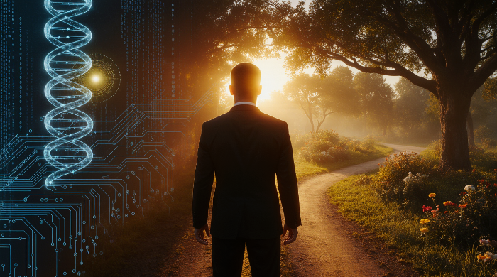 DNA 나선과 신경 회로로 이루어진 길과 햇살 가득한 정원으로 이루어진 길 사이에 서 있는 책임감을 지닌 인간을 의미하는 이미지