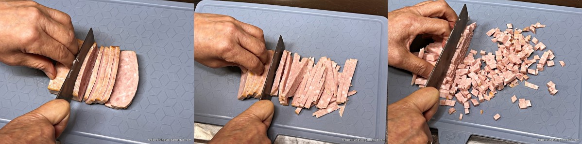 샐러드 빵 (사라다 빵)에 들어갈 햄을 채써는 사진