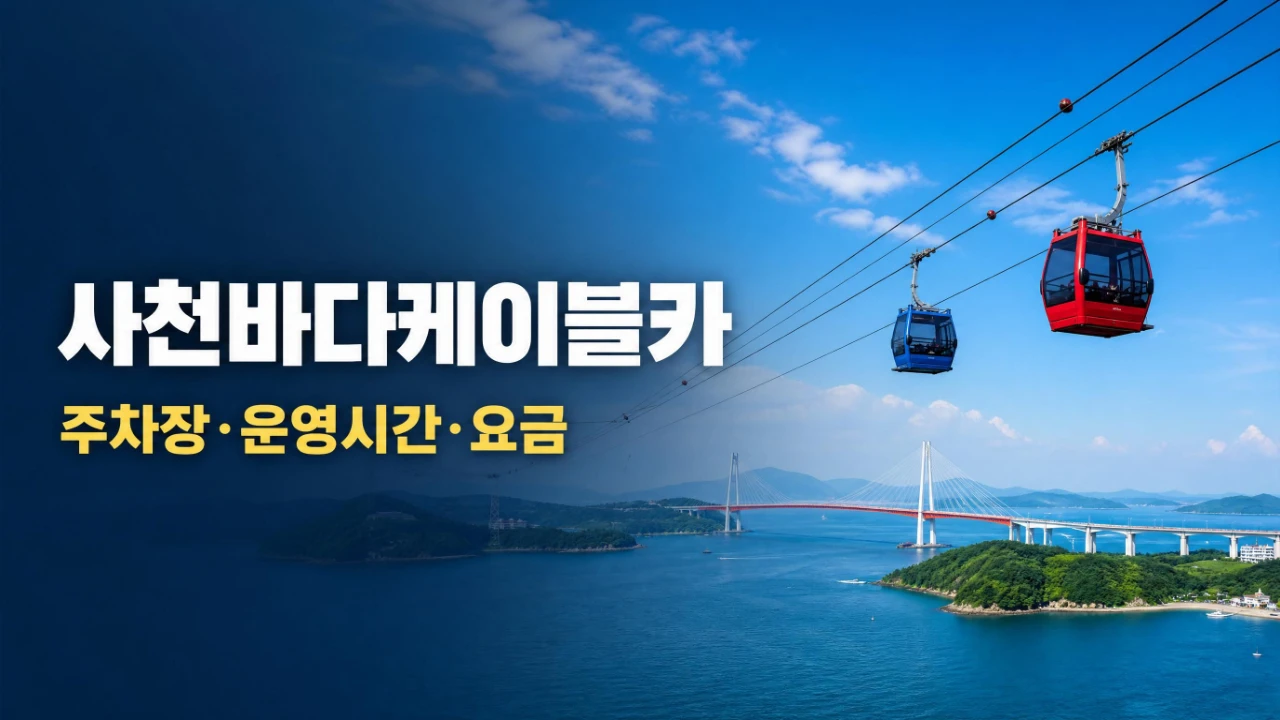 사천 바다 위를 운행하는 케이블카와 삼천포대교 풍경