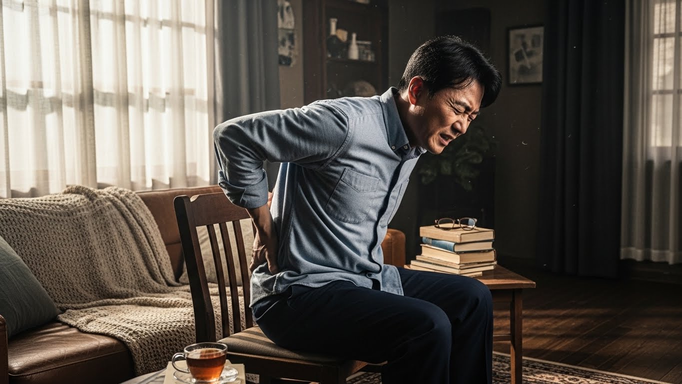 허리 통증으로 인해 의자에서 일어나는 과정에서 고통을 느끼는 중년 남성의 모습
