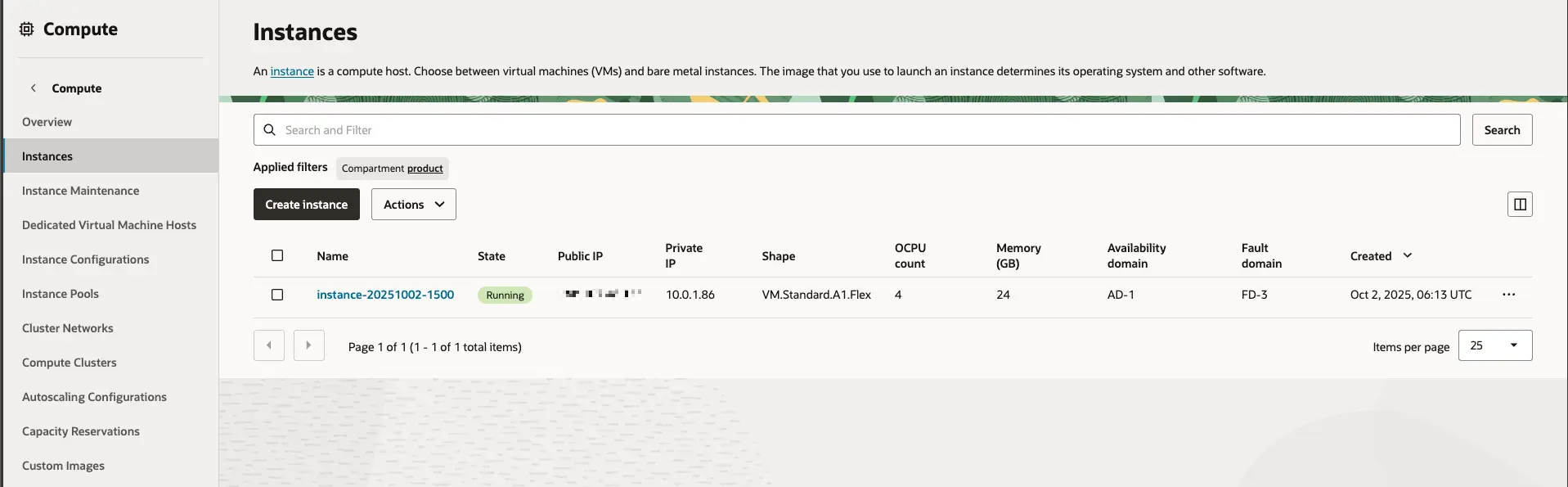 오라클 클라우드 - Compute - Instances