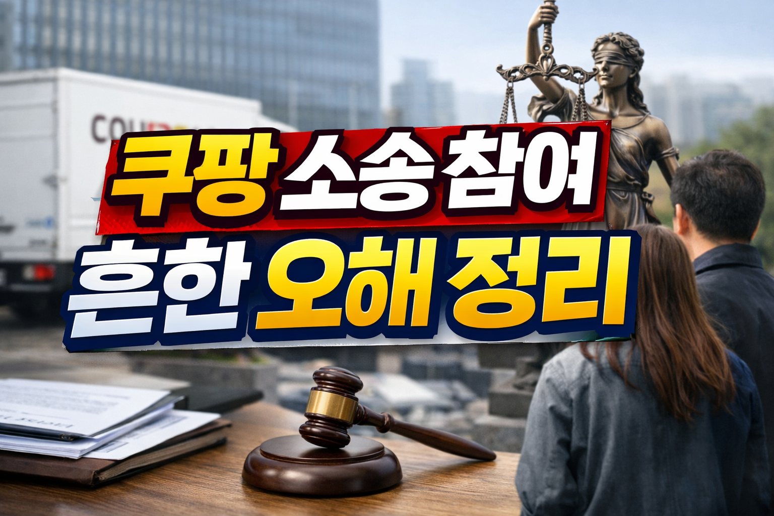 쿠팡 소송 참여 오해 정리 이미지, 법정 저울과 판사 망치를 배경으로 쿠팡 소송 참여 구조와 주의사항을 설명하는 썸네일