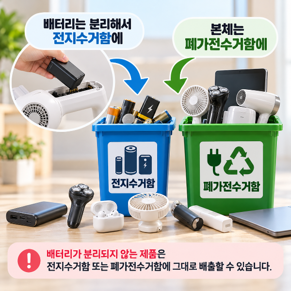 배터리를 분리해 전지수거함에 배출하고 폐가전 본체를 별도 배출하는 이미지