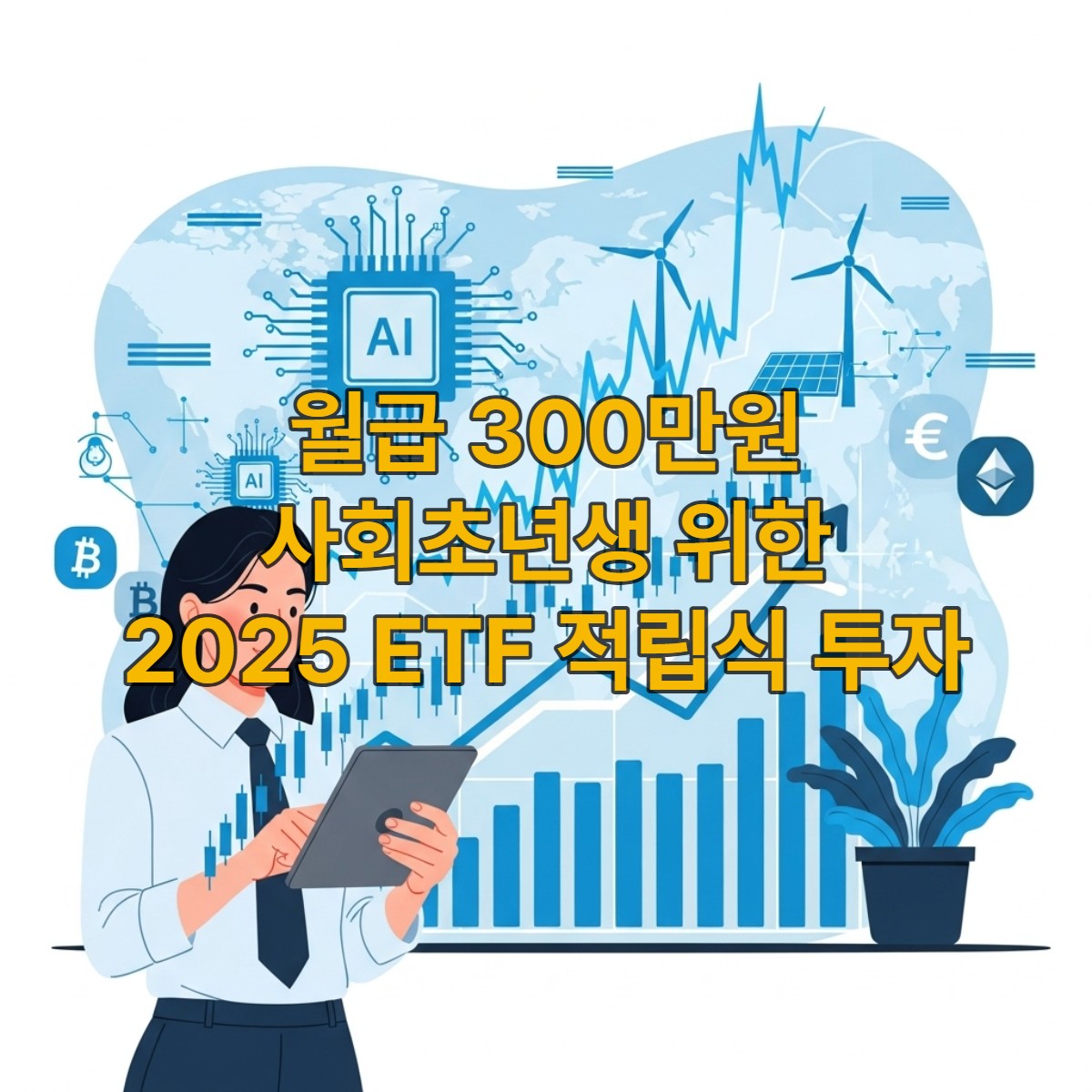2025년, 월급 300만원 사회초년생이 태블릿으로 ETF 투자 포트폴리오를 확인하며 미래를 계획하는 모습