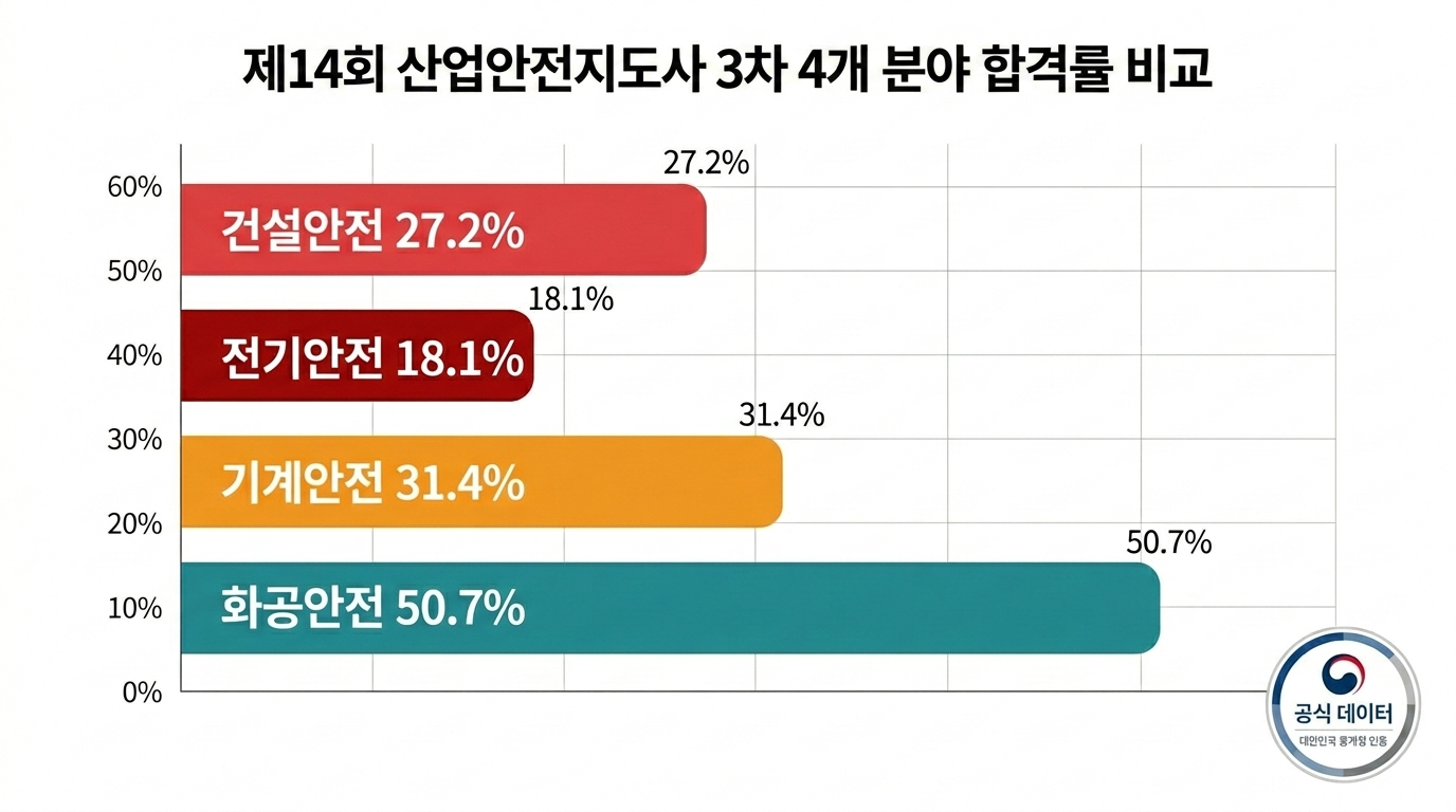 산업안전지도사 3차 면접 분야별 합격률 분석 &mdash; 큐넷 공식 통계 기반 2022~2024 추이 인포그래픽