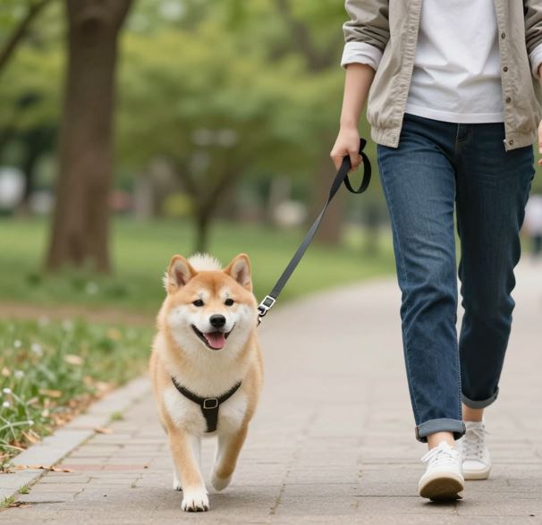 안전하게 목줄을 하고 공원을 산책하는 강아지의 모습