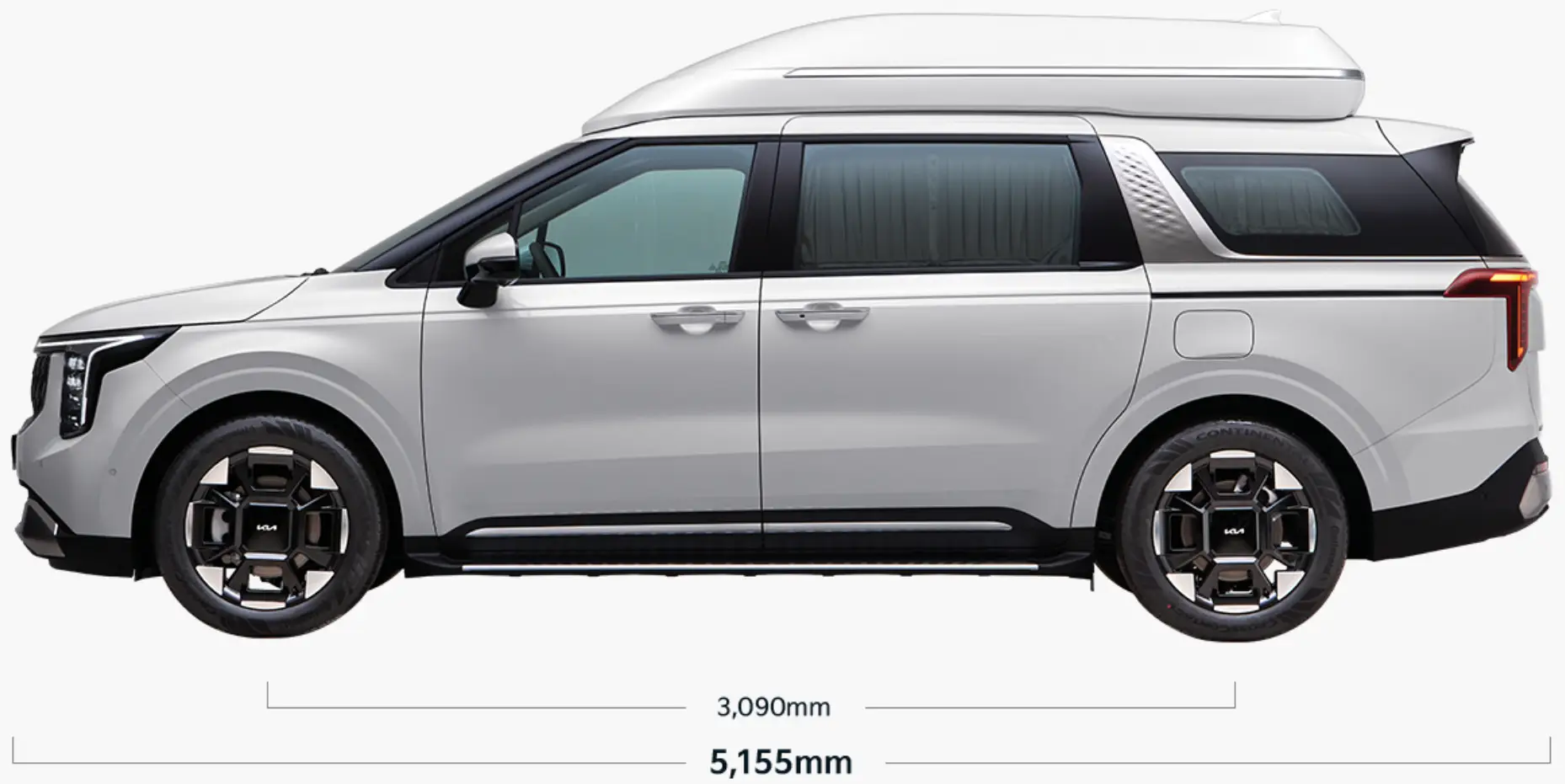 흼 바탕 흰색 카니발 하이리무진 옆모습 아래 차 차 전체길이 5,155mm 바로위 타이어간 거리 3,090mm