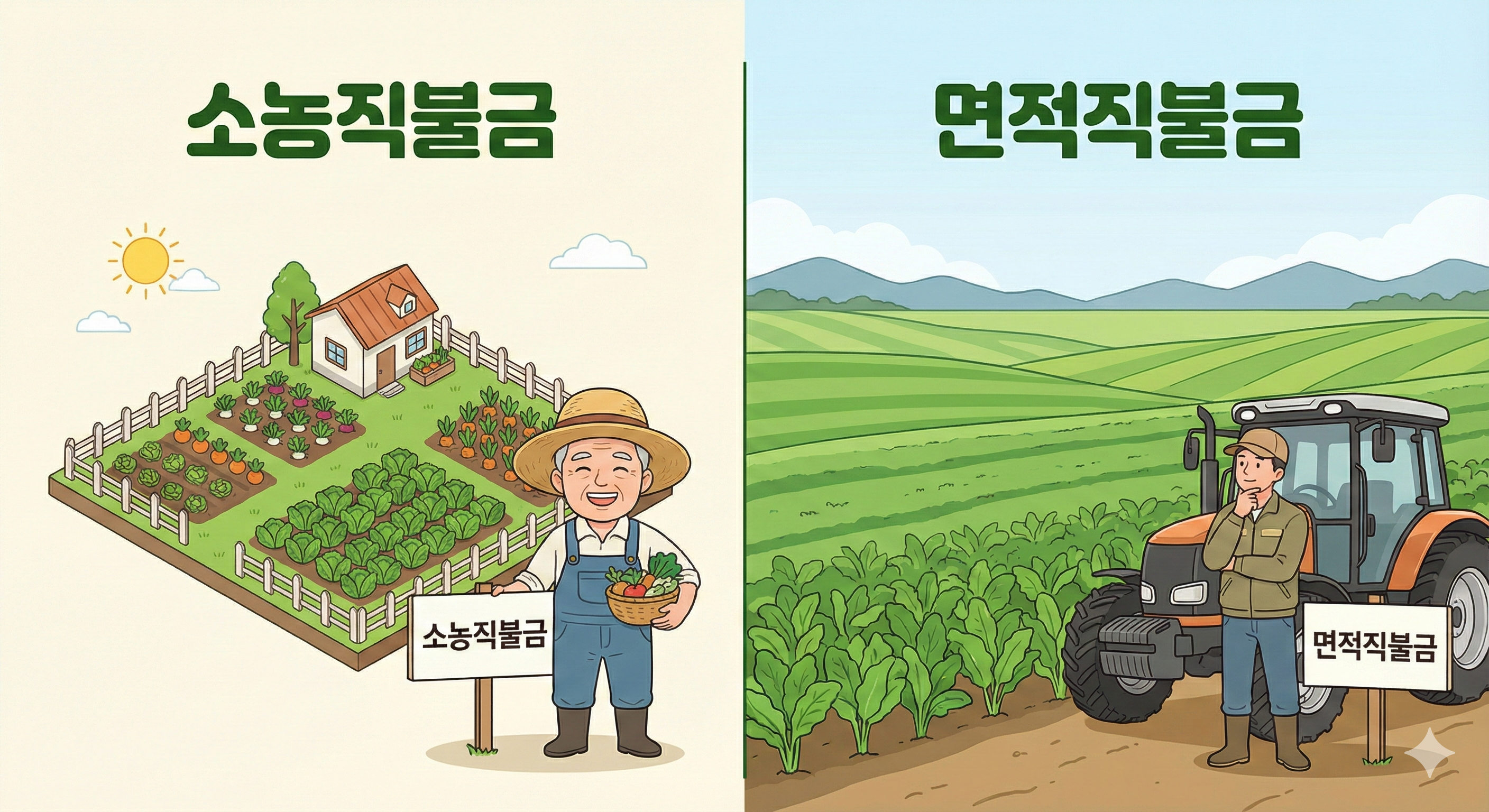 소규모 농지와 대규모 농지를 비교하여 소농직불금과 면적직불금의 개념을 설명하는 그림