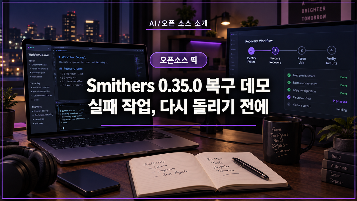 대표 이미지: Smithers 0.35.0 실패한 에이전트 작업의 로컬 복구 워크플로를 보여 주는 개발자 작업 공간