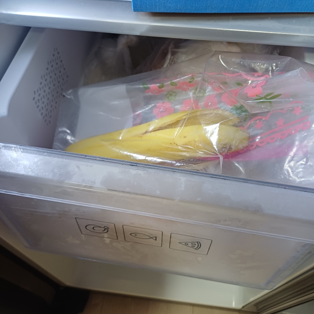 바나나껍질을 밀폐용기에 담아 냉동실 한쪽에 보관하는 모습