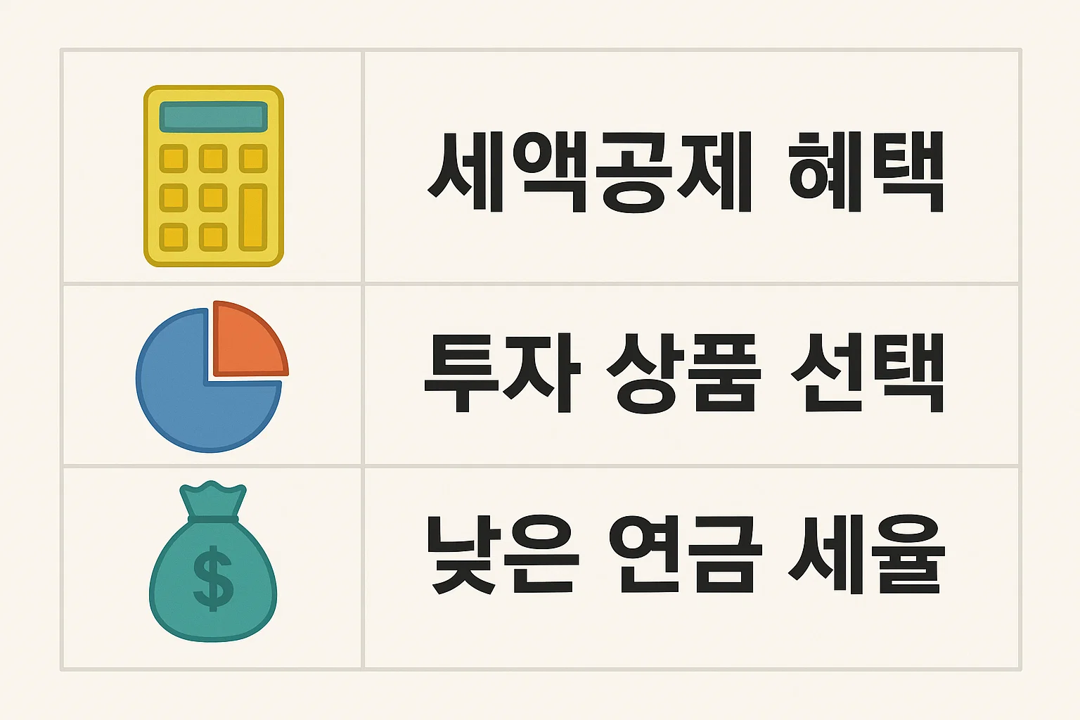 IRP 계좌의 세액공제 혜택, 투자 상품 선택, 낮은 연금 세율 등 가입자가 반드시 알아야 할 주요 이점을 요약하여 보여주는 정보형 인포그래픽입니다. 필수 개념을 빠르게 이해하는 데 도움을 주는 요약 안내 이미지입니다.