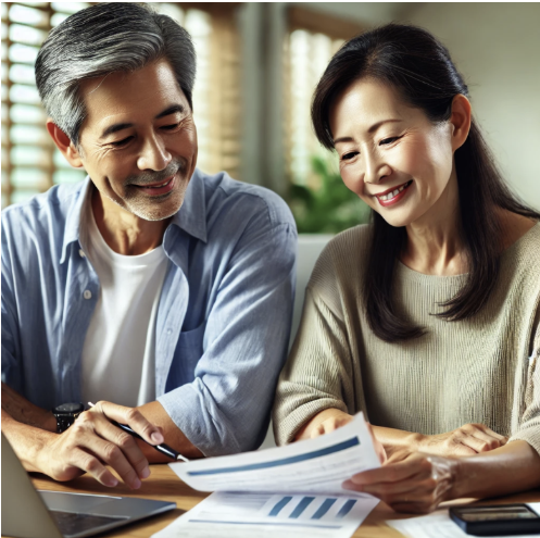 50대 부부가 갈등 없이 사이 좋게 재정을 계획을 세우는 모습