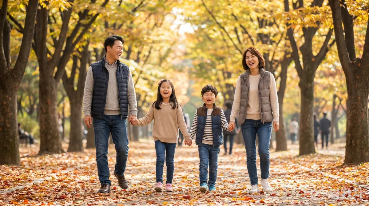 단풍이 아름다운 공원에서 산책하며 행복해하는 한국 가족