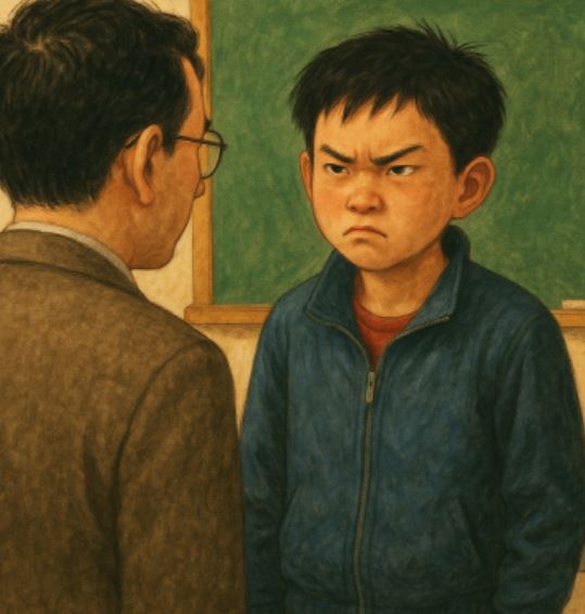 한 소년과 교사가 정면으로 마주한 긴장된 장면