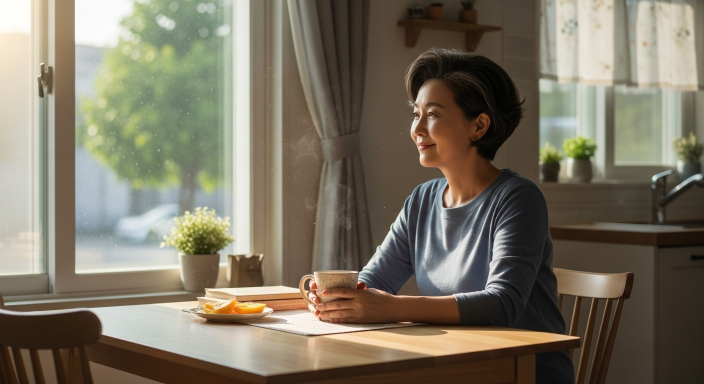 차 한 잔과 함께 조용히 창밖을 바라보며 자신을 돌보는 50대 한국 여성의 모습.