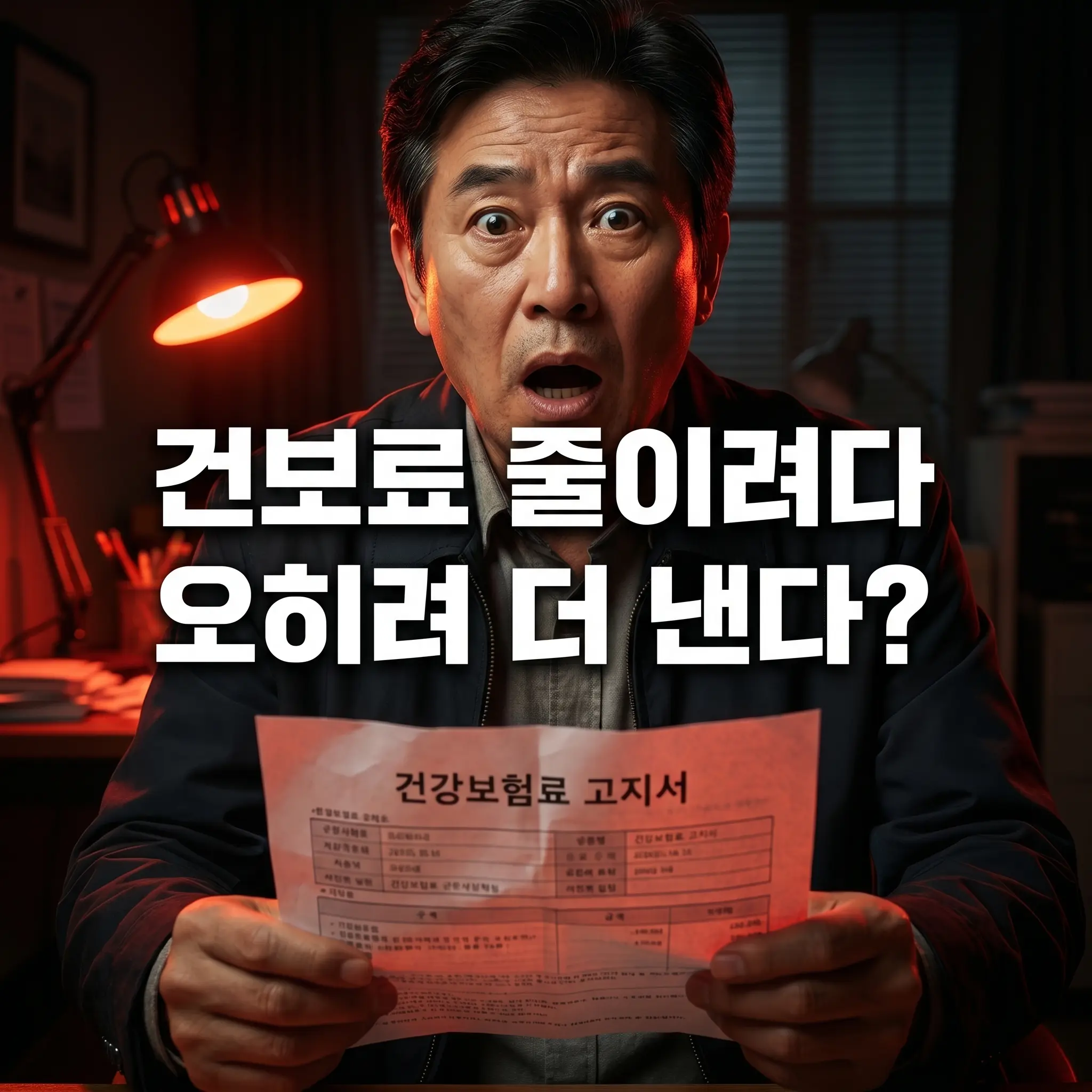 건강보험료를 줄이려다 오히려 더 많은 금액을 내게 되는 실수를 경고하는 썸네일 이미지입니다. 한 중년 남성이 '건강보험료 고지서'를 손에 들고 눈을 크게 뜨며 경악하는 표정을 짓고 있습니다. 이미지 중앙에는 '건보료 줄이려다 오히려 더 낸다?'라는 문구가 굵은 흰색 글씨로 강조되어 있습니다. 퇴직 후 잘못된 소득 조정 신청이나 부동산 증여 등으로 인해 발생할 수 있는 금전적 손실과 추가 납부 위험을 시각적으로 나타냅니다.