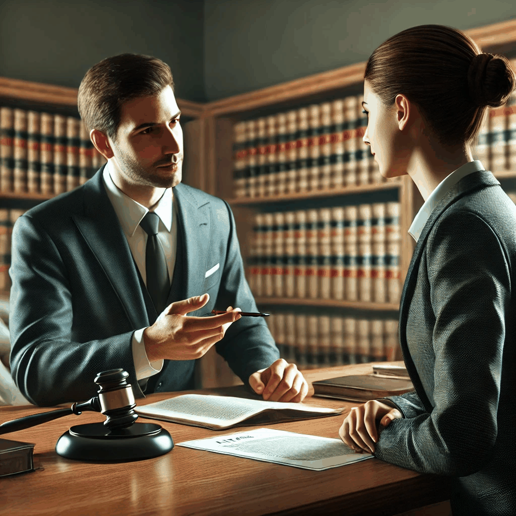변호사가 사무실에서 고객에게 법률 대리 권한에 대해 설명하는 전문적인 장면