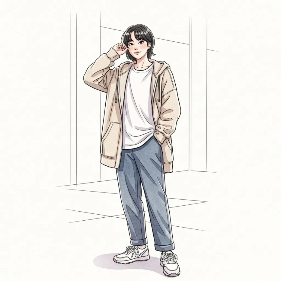 활용도 높은 후드집업으로 멋낸 패션 코디.