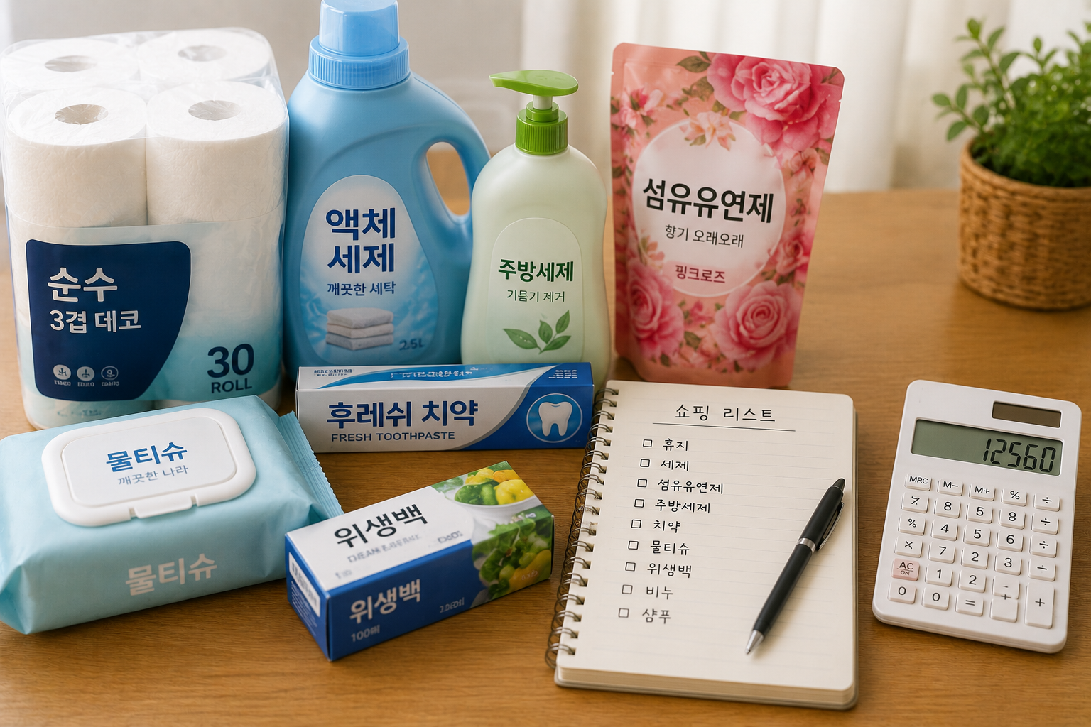 생필품과 쇼핑 메모장, 계산기가 함께 놓여 있는 모습