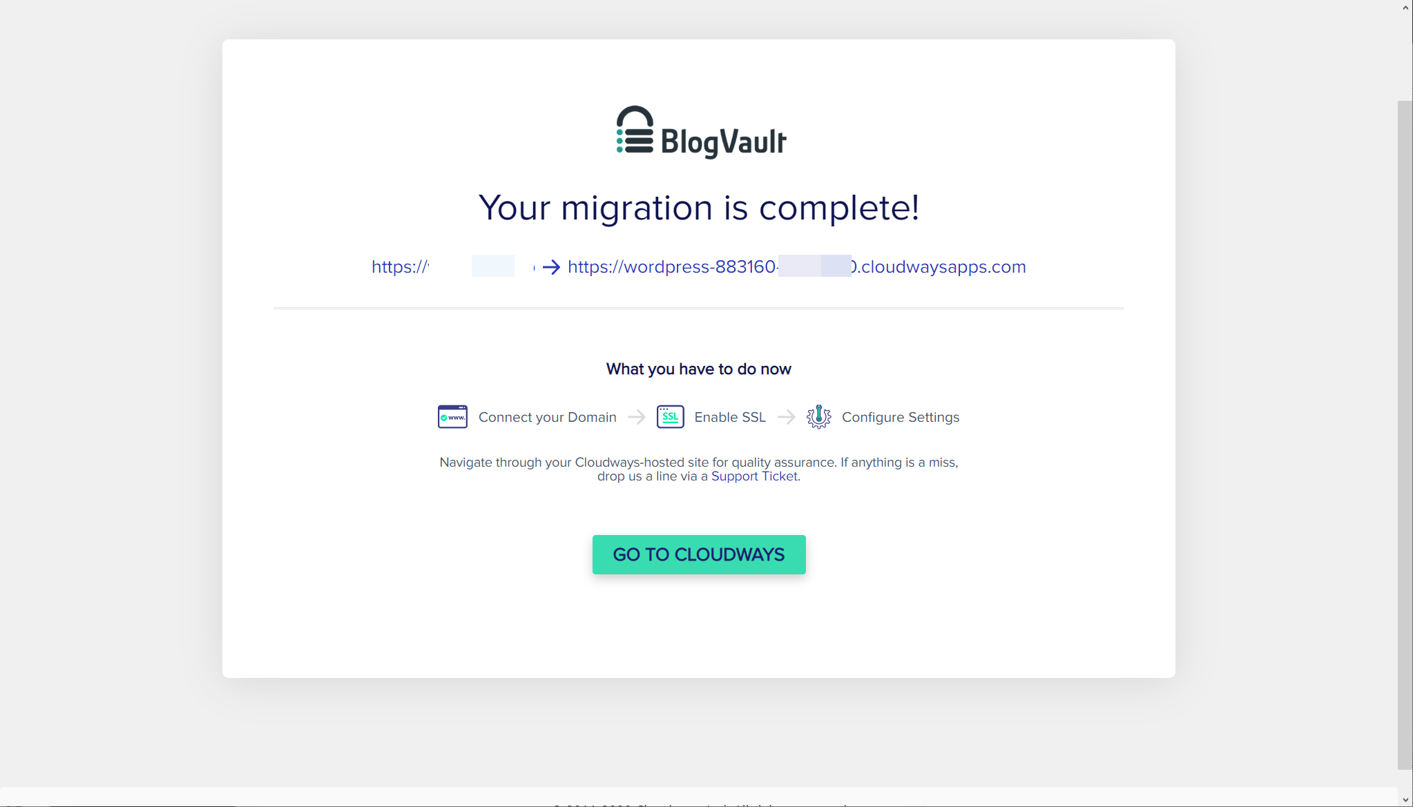 클라우드웨이즈: 워드프레스 마이그레이션 플러그인을 사용하여 사이트 이전하기 - 이전 완료