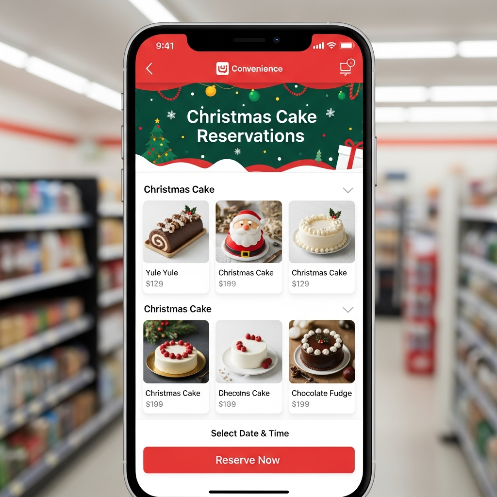 GS25 또는 CU와 같은 편의점 모바일 앱에서 크리스마스 케이크를 예약하는 화면 인터페이스