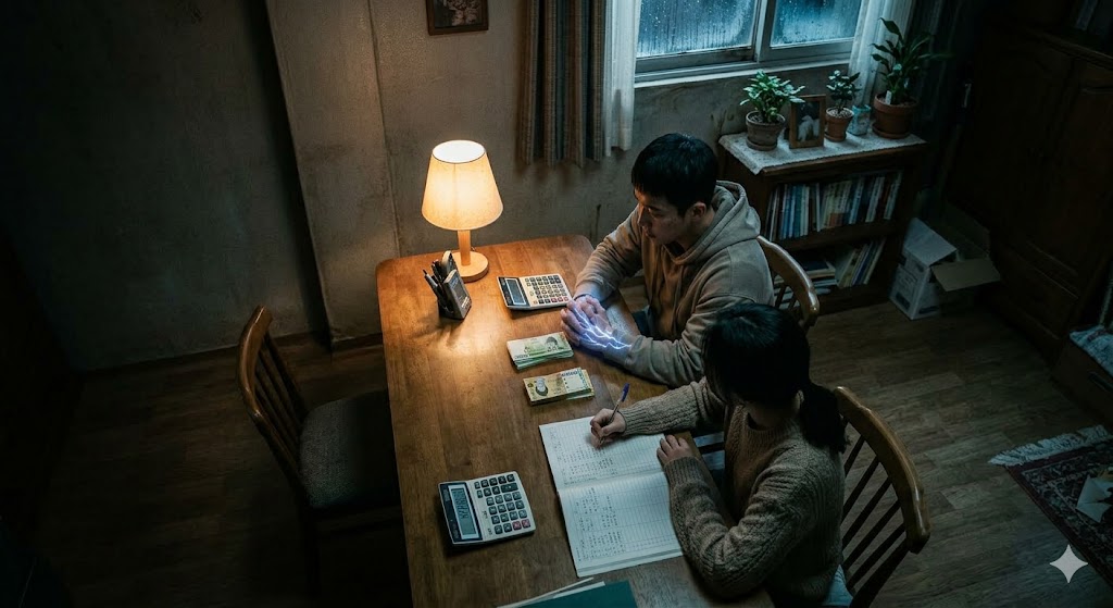 Lee Jun-ho and Kim Hye-jun looking closely at a calculator with frustrated expressions.