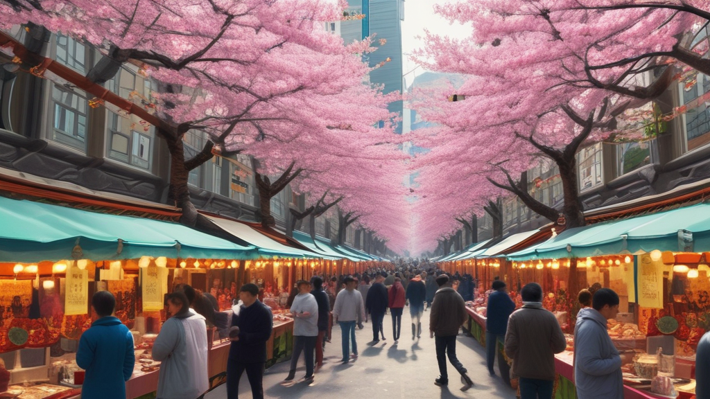 벚꽃이 피어있는 시장 전경