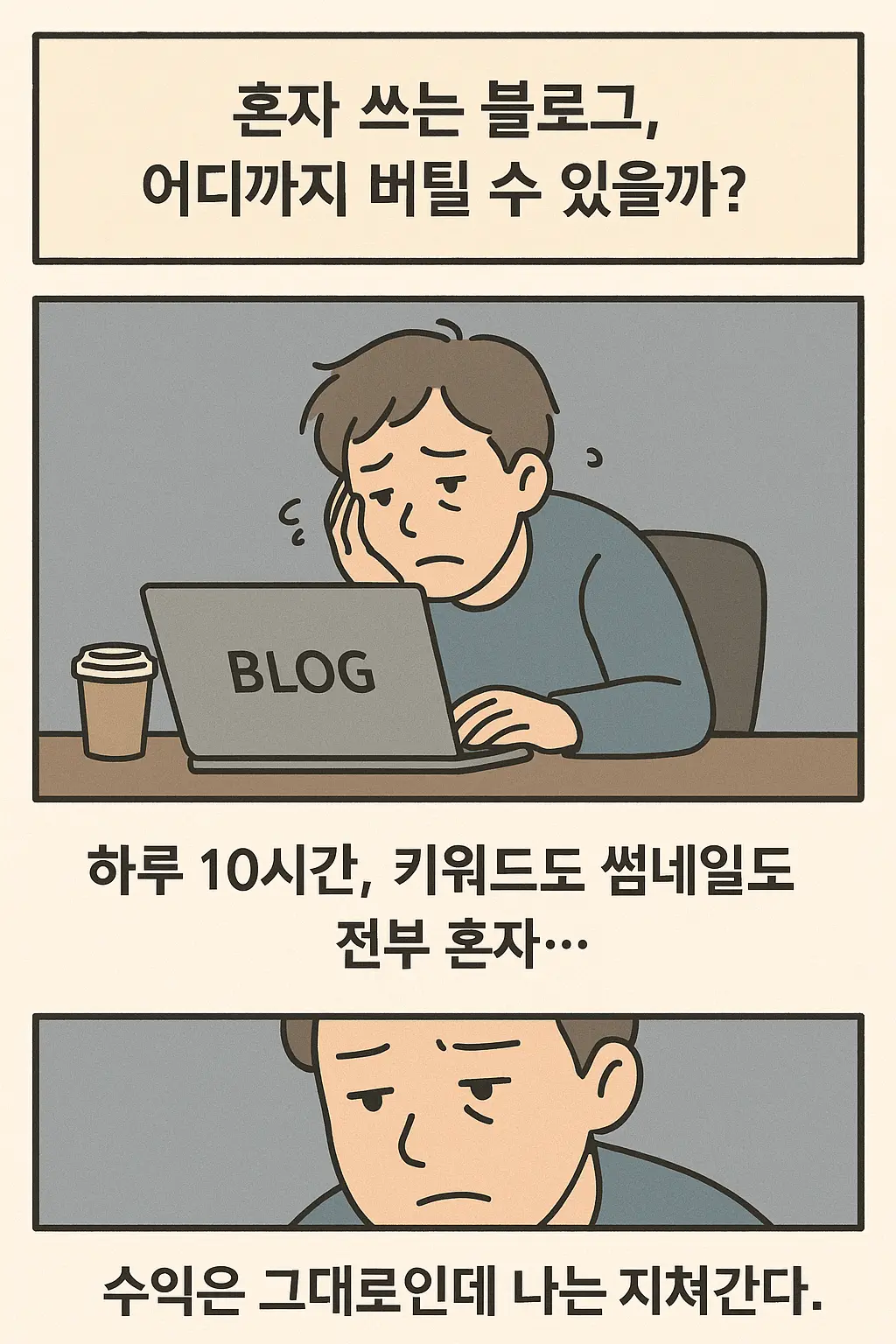 지친 표정으로 노트북 앞에 앉아 블로그 작업을 혼자 수행하는 남성