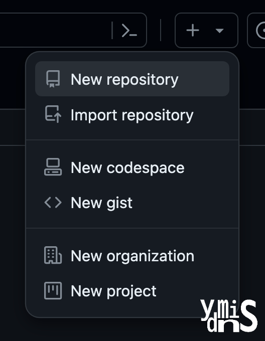 + 버튼을 눌렀을 때 보이는 드롭다운 메뉴이다. New Repository가 선택된 모습이다.