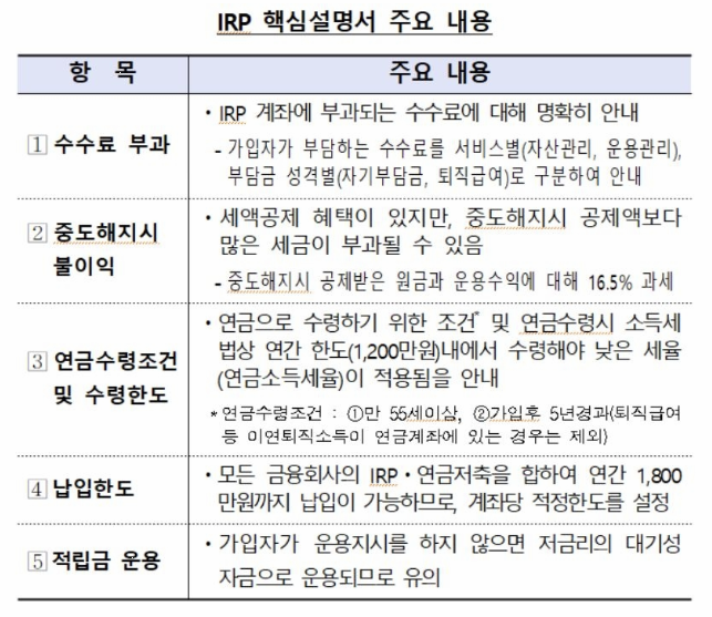 IRP 핵심설명서 주요 내용 표 이미지