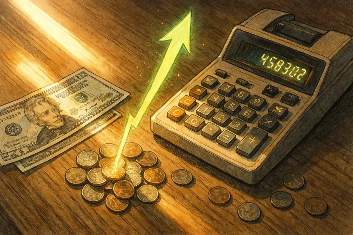 빚을 상징하는 동전과 계산기, 그리고 상승하는 화살표가 함께 있는 희망적인 분위기의 재무 관리 이미지