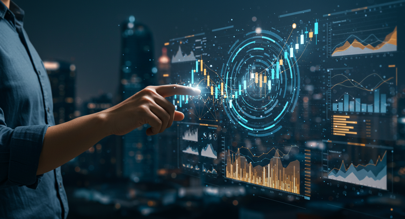 한 사람이 공중에 떠있는 디지털 그래프를 클릭하고 있다