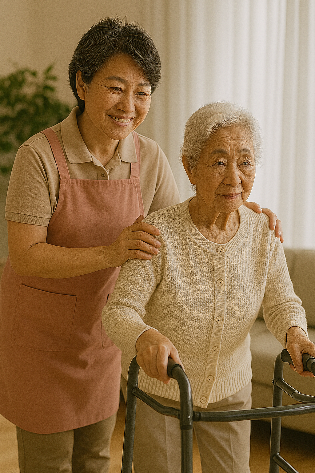 보행 보조기를 사용하는 노년 여성 곁에서 중장년 여성 요양보호사가 따뜻하게 돌보고 있는 모습으로, 실버케어 자격증을 상징하는 이미지
