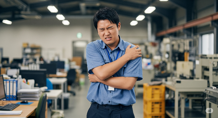한 명의 한국인 남성 작업자가 팔과 어깨를 붙잡고 고통스러워하는 모습. 배경은 사무실이나 공장.