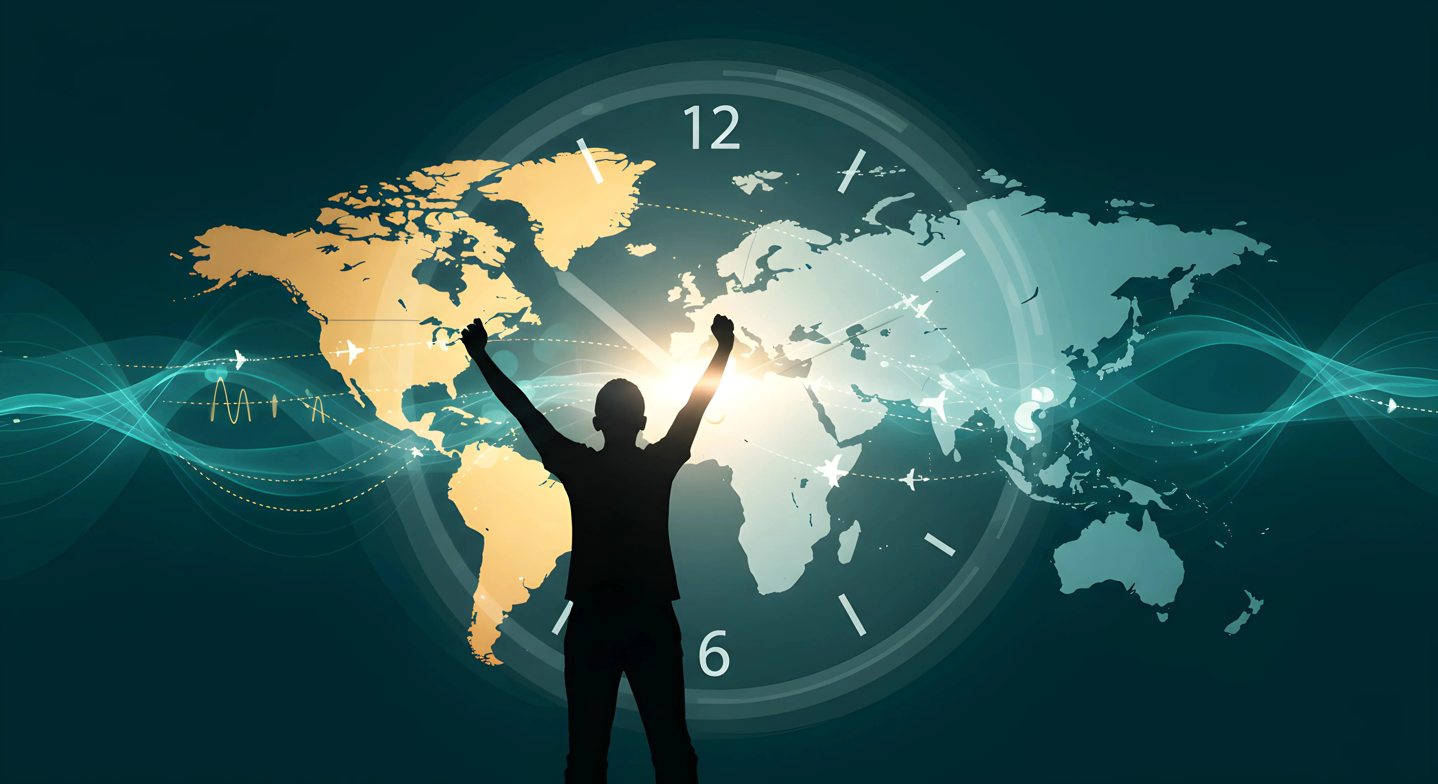 이 이미지는 세계 지도를 배경으로 한 시차 적응과 제트래그 극복을 시각화한 그래픽입니다. 중앙에는 투명한 시계가 겹쳐져 있고, 금색에서 청록색으로 그라데이션된 세계 지도 위로 비행기 경로가 표시되어 있습니다. 한 사람의 실루엣이 양팔을 들어 올린 승리의 포즈를 취하고 있으며, 배경에는 생체리듬을 상징하는 파동 곡선이 흐르고 있습니다. 전체적으로 청록색과 금색 톤으로 과학적이고 세련된 분위기를 연출하고 있습니다.