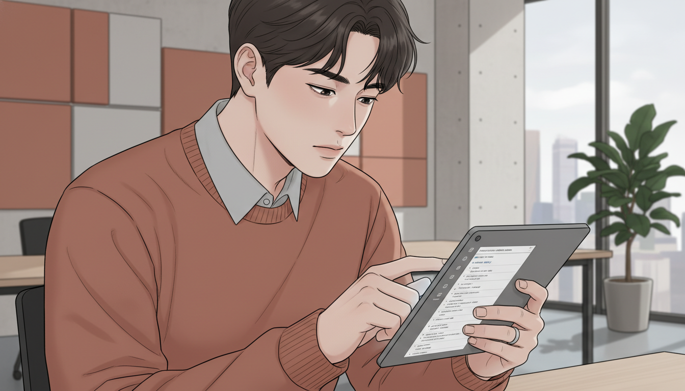 회의 전 태블릿으로 안건을 꼼꼼히 검토하는 내향형 한국 직장인의 모습.