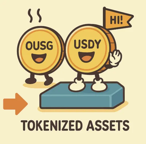 OUSG와 USDY 토큰 캐릭터가 플랫폼 위에 올라 밝은 표정으로 인사하는 모습을 묘사한 일러스트 이미지. 실물 자산이 스마트컨트랙트를 거쳐 블록체인에서 토큰으로 완성되는 과정을 시각적으로 표현함 (tokenized assets, OUSG, USDY, rwa output)