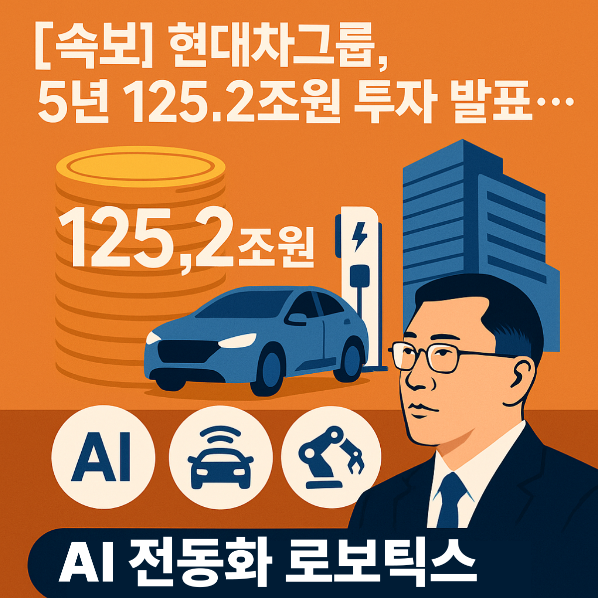 &ldquo;현대차그룹의 2030년까지 국내 투자 규모를 보여주는 그래픽. 투자 금액 125조 2,000억 원과 박스 더미, 전기차, 충전소, 현대차 로고가 포함된 이미지&rdquo;