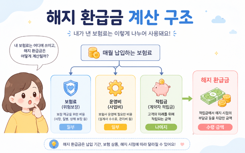 alt="보험료 일부가 적립되어 해지환급금이 형성되는 과정을 설명하는 금융 교육 이미지"
