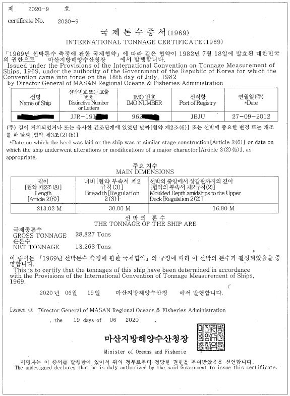 국제톤수증서입니다.
