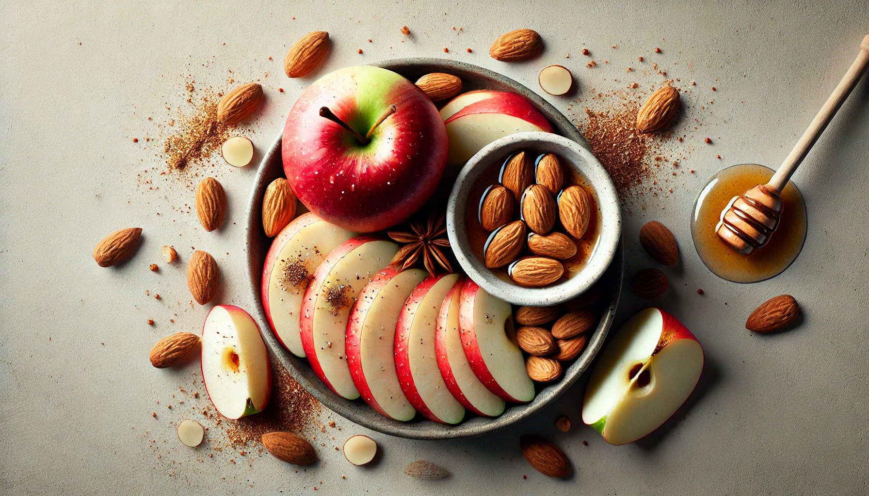 위 이미지는 신선한 사과 조각과 전체 및 잘게 다진 아몬드의 조합을 가로로 보여줍니다. 사과의 바삭한 빨간색과 녹색 조각이 밝은 갈색 아몬드와 대조를 이루며 각자의 질감을 돋보이게 합니다. 꿀을 뿌리거나 계피를 뿌려 맛과 시각적인 매력을 더했습니다. 이 조합은 건강하고 맛있는 간식으로 적합합니다.