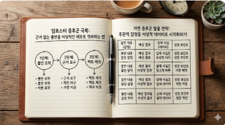 임포스터 증후군 극복 방법과 이성적인 메모로 근거 없는 불안을 격파하는 법을 위해 자가 진단 테스트와 감정 분리 전략을 도표로 정리한 집중 노트 사진