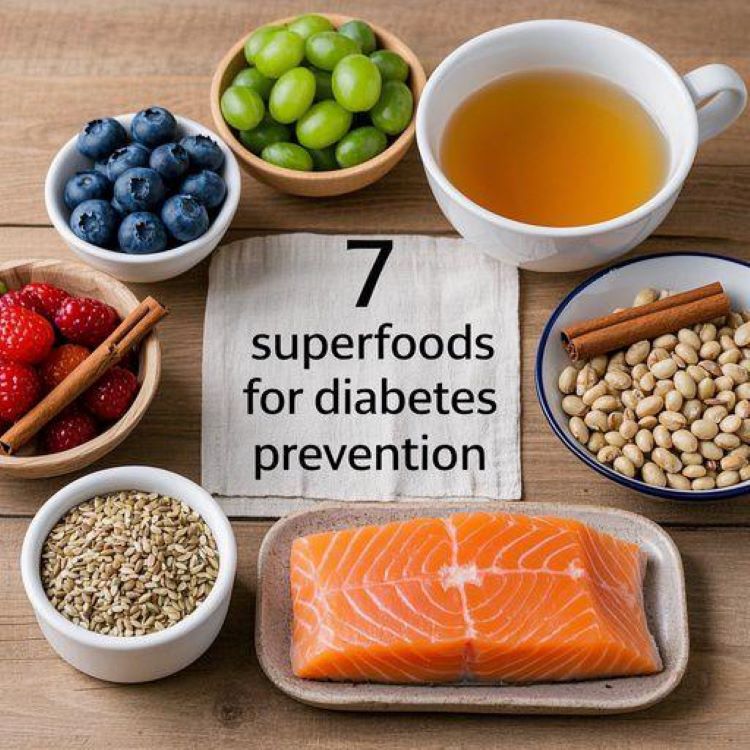 색감이 풍부한 건강식품들이 나무 테이블 위에 정갈하게 배치된 모습. 블루베리, 녹차, 시나몬 스틱, 아마씨, 연어, 콩류가 각각 작은 그릇에 담겨 있고, 중앙에는 '당뇨 예방을 위한 7가지 슈퍼푸드'라는 텍스트가 선명하게 보이는 건강한 식탁 이미지. 따뜻한 자연광이 비치는 밝고 깨끗한 분위기.