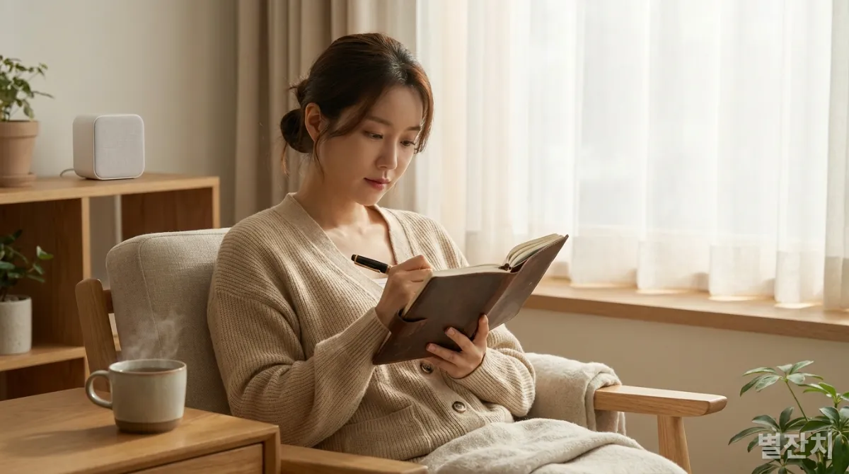 창가에서 일기를 쓰며 자신을 성찰하는 한국 여성