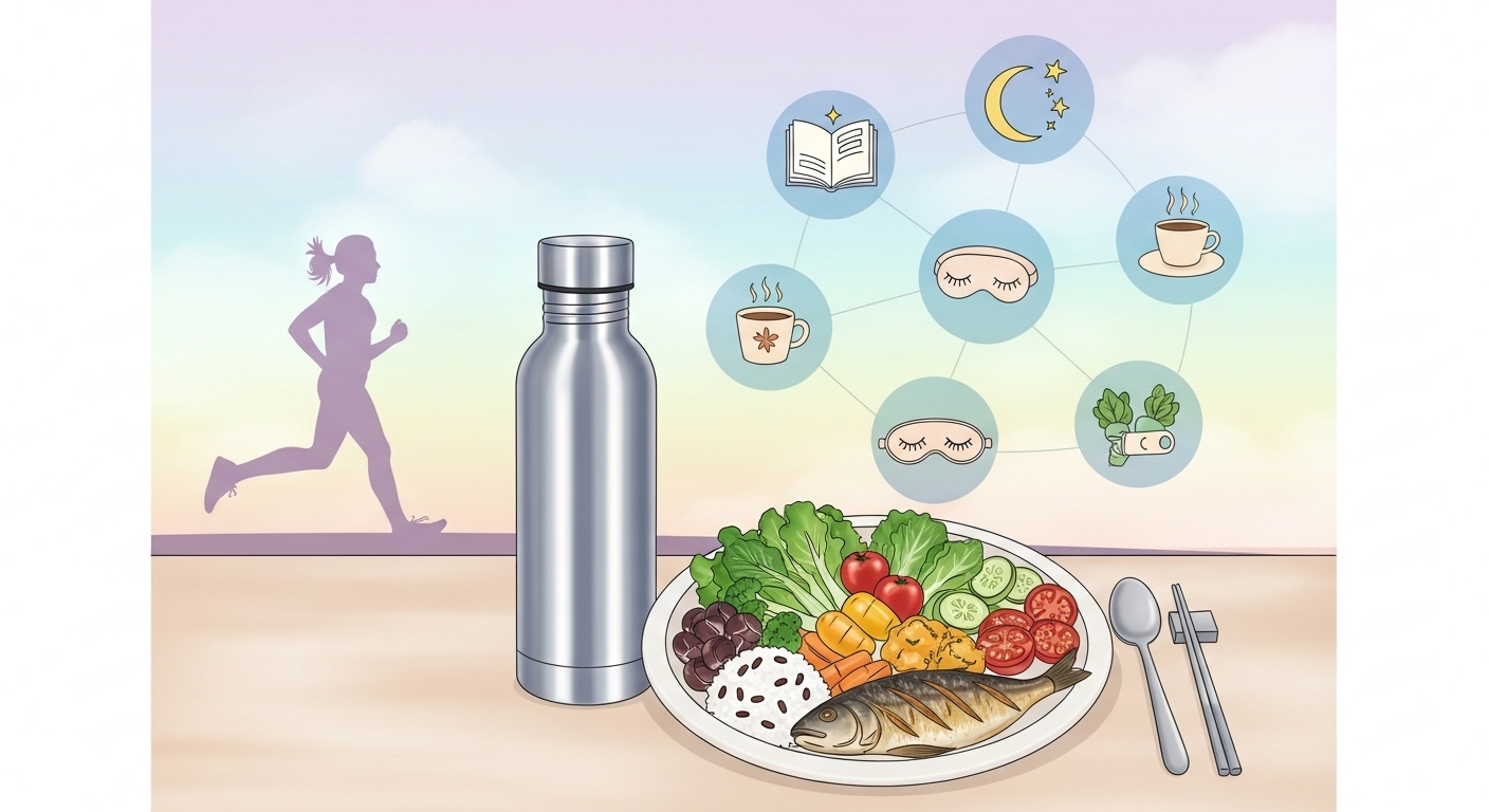 물병-조깅하는-사람-실루엣-균형-잡힌-식사-그리고-건강한-습관을-표현하기-위해미적으로-배치된-야간-루틴-아이콘을-보여주는-한국식-라이프스타일입니다.