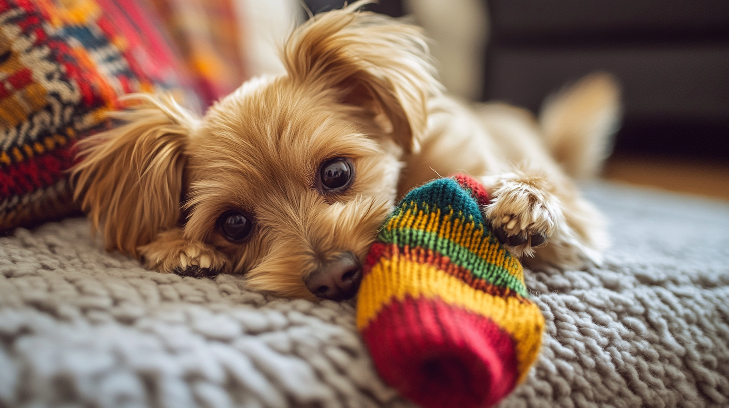 양말을 물고 있는 강아지